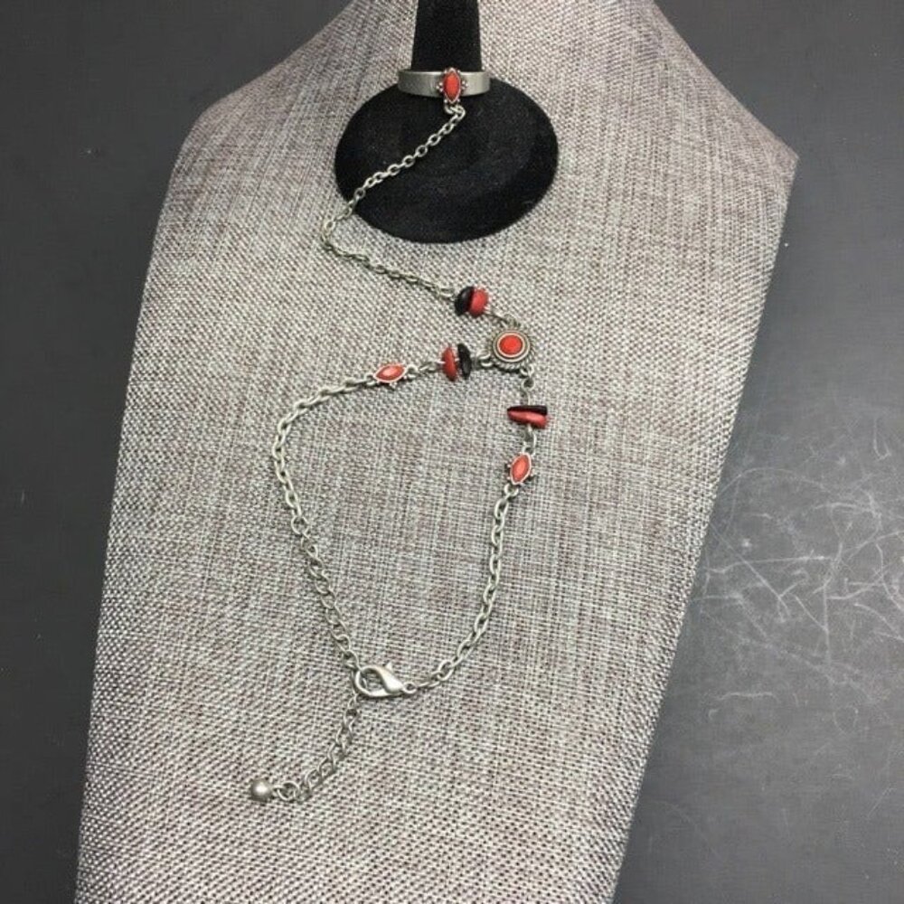 Ring Bracelet Hand Jewelry Red Black Matte Silver Chain Adjustable Retro BoHo
